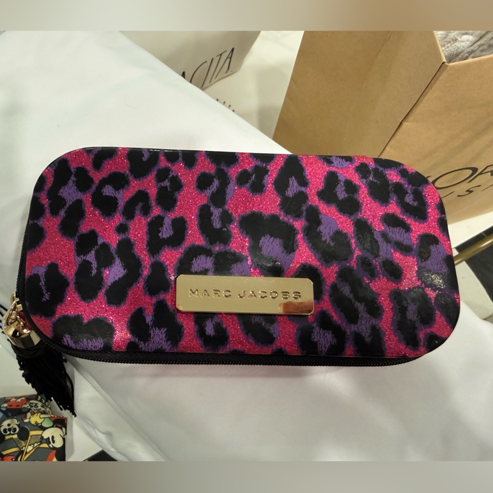 Marc Jacobs Pink Purple Leopard Glitter Makeup Pouch with Gold Plaque